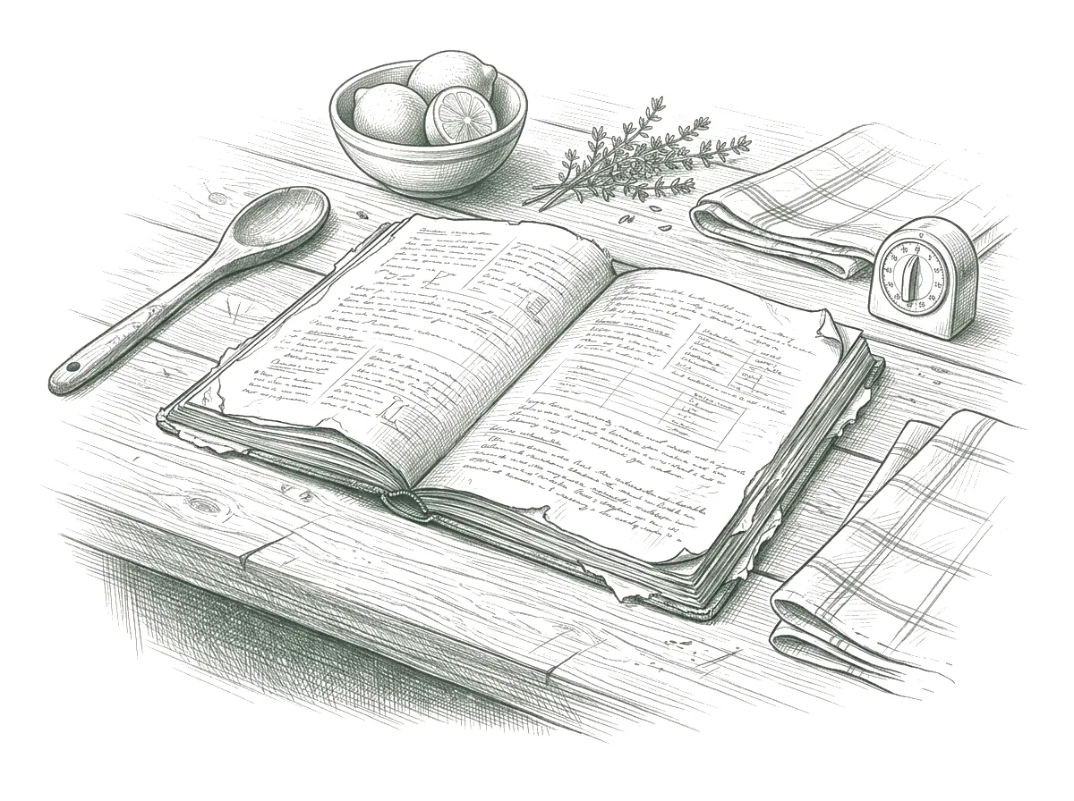 Pencil drawing of an open recipe notebook on a kitchen bench, with a wooden spoon, a bowl of lemons and a kitchen timer